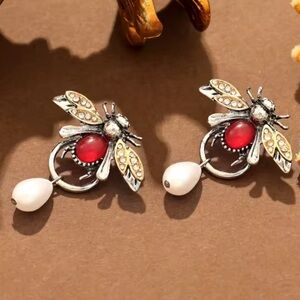 Anthropologie Silver and Red Bee Earrings